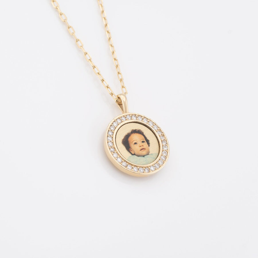 Photo Pendant | Mini Round Design with Diamonds • 10K 14K 18K Solid Gold or White Silver