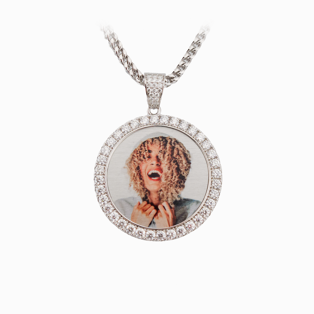 Photo Pendant | 40mm 1.5-inch Round with Moissanite or CZ Large Stones • 925 Sterling Silver