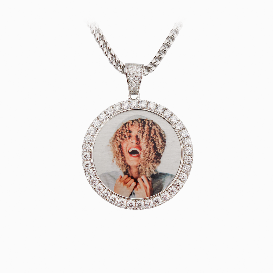 Photo Pendant | 40mm 1.5-inch Round with Moissanite or CZ Large Stones • 925 Sterling Silver