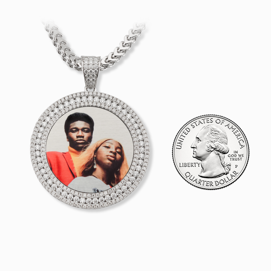 Photo Pendant | 40mm 1.5-inch Round with 3-Row Stones Moissanite or CZ • 925 Sterling Silver