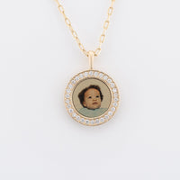 Photo Pendant | Mini Round Design with Diamonds • 10K 14K 18K Solid Gold or White Silver