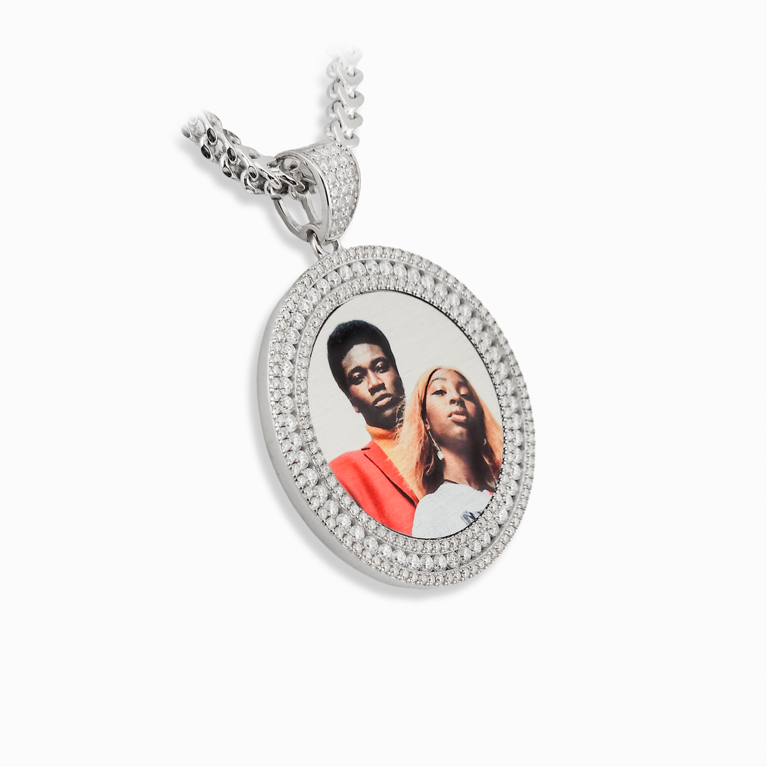 Photo Pendant | 40mm 1.5-inch Round with 3-Row Stones Moissanite or CZ • 925 Sterling Silver