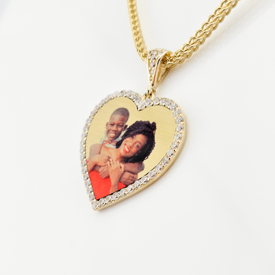 Photo Pendant | Lightweight Heart Design with CZ Stones • 14K Solid Gold