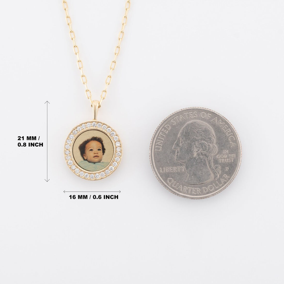 Photo Pendant | Mini Round Design with Diamonds • 10K 14K 18K Solid Gold or White Silver