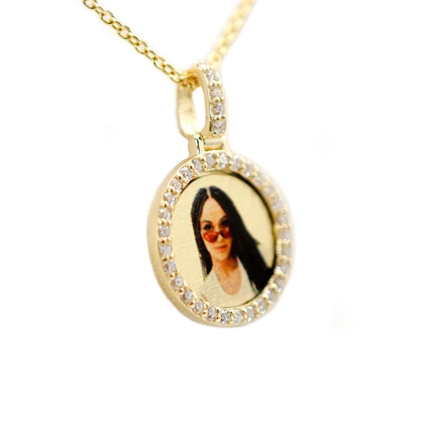 Photo Pendant | 15mm Small Round Design with Natural Diamonds • 14K Solid Gold