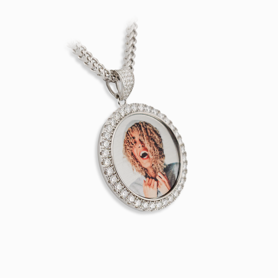 Photo Pendant | 40mm 1.5-inch Round with Moissanite or CZ Large Stones • 925 Sterling Silver