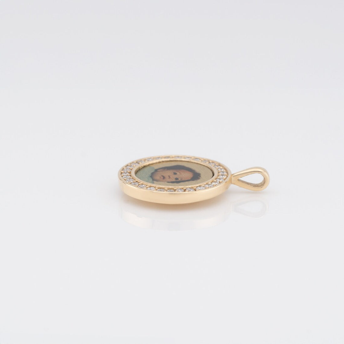 Photo Pendant | Mini Round Design with Diamonds • 10K 14K 18K Solid Gold or White Silver