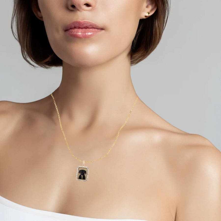 Photo Pendant | Mini Rectangle Design with Diamonds • 10K 14K 18K Solid Gold or White Silver