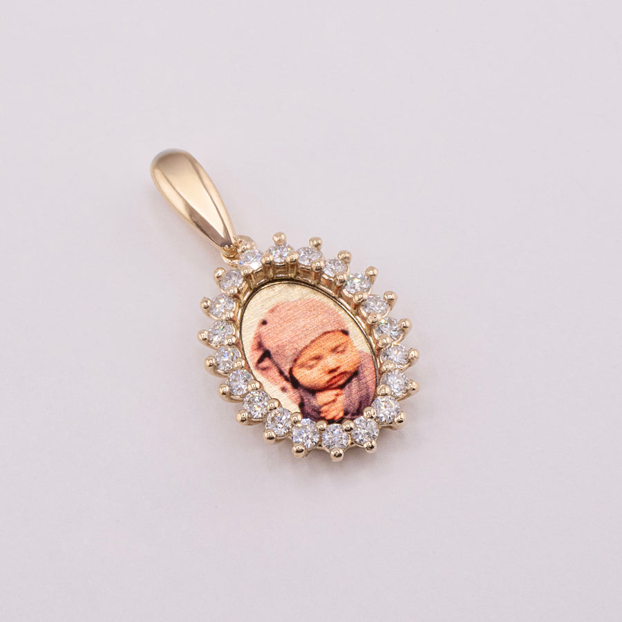 Photo Pendant | Micro Size • Natural Diamond Flower Design • Chain Optional • 14K Solid Gold