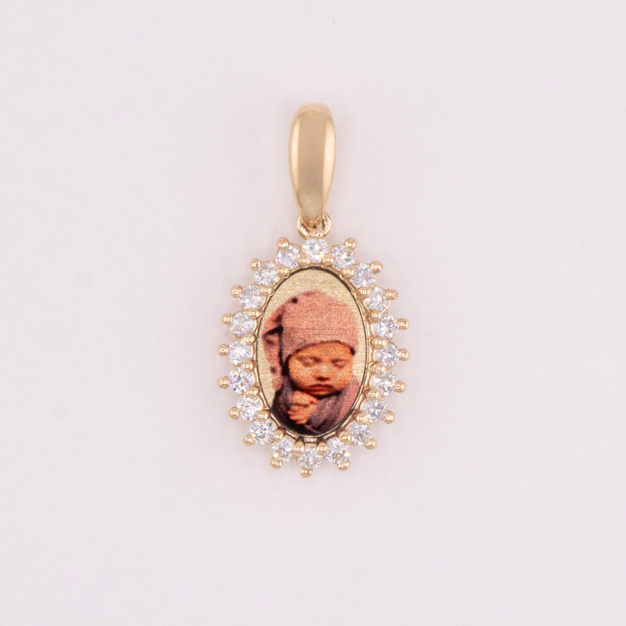 Photo Pendant | Micro Size • Natural Diamond Flower Design • Chain Optional • 14K Solid Gold