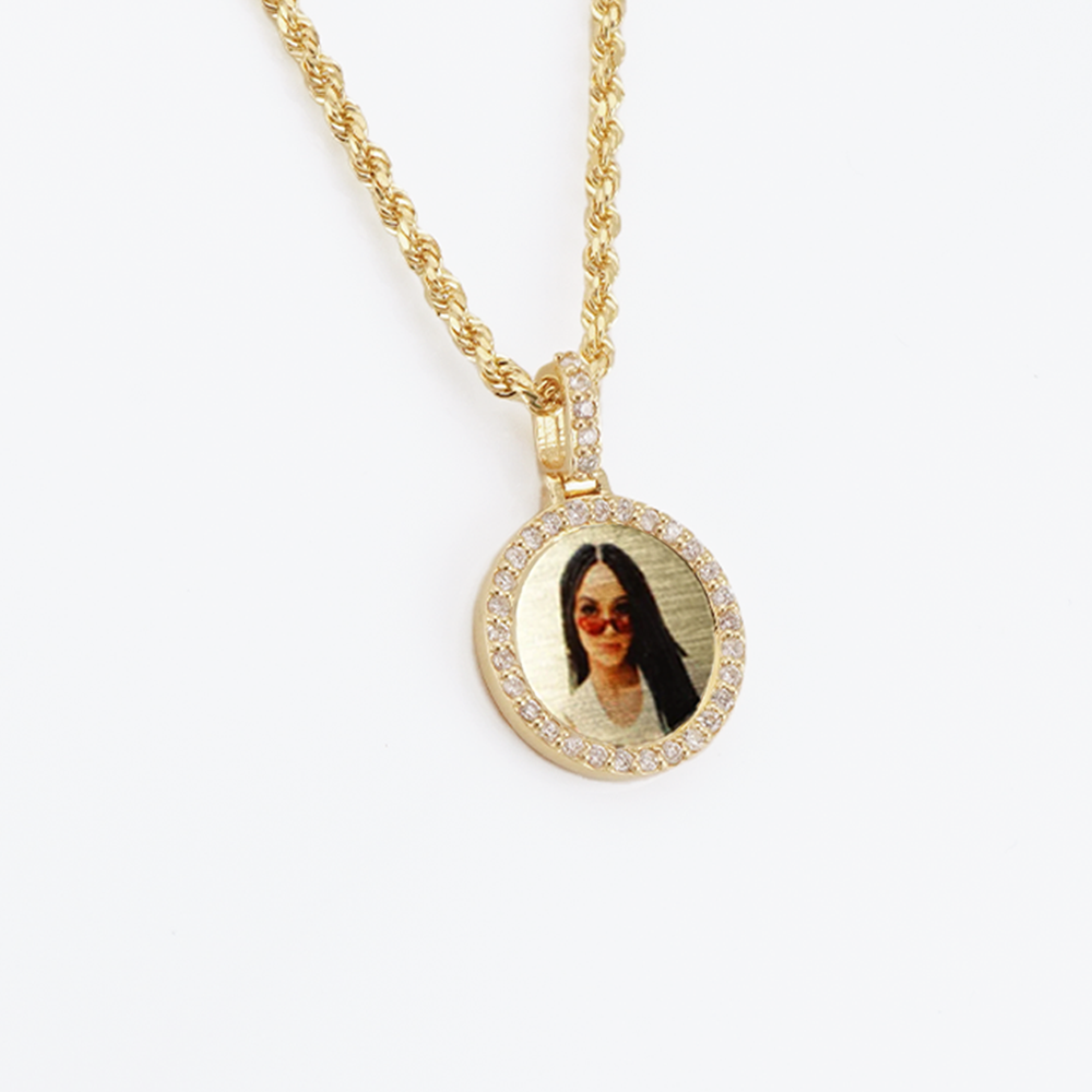 Photo Pendant | 15mm Small Round Design with Natural Diamonds • 14K Solid Gold