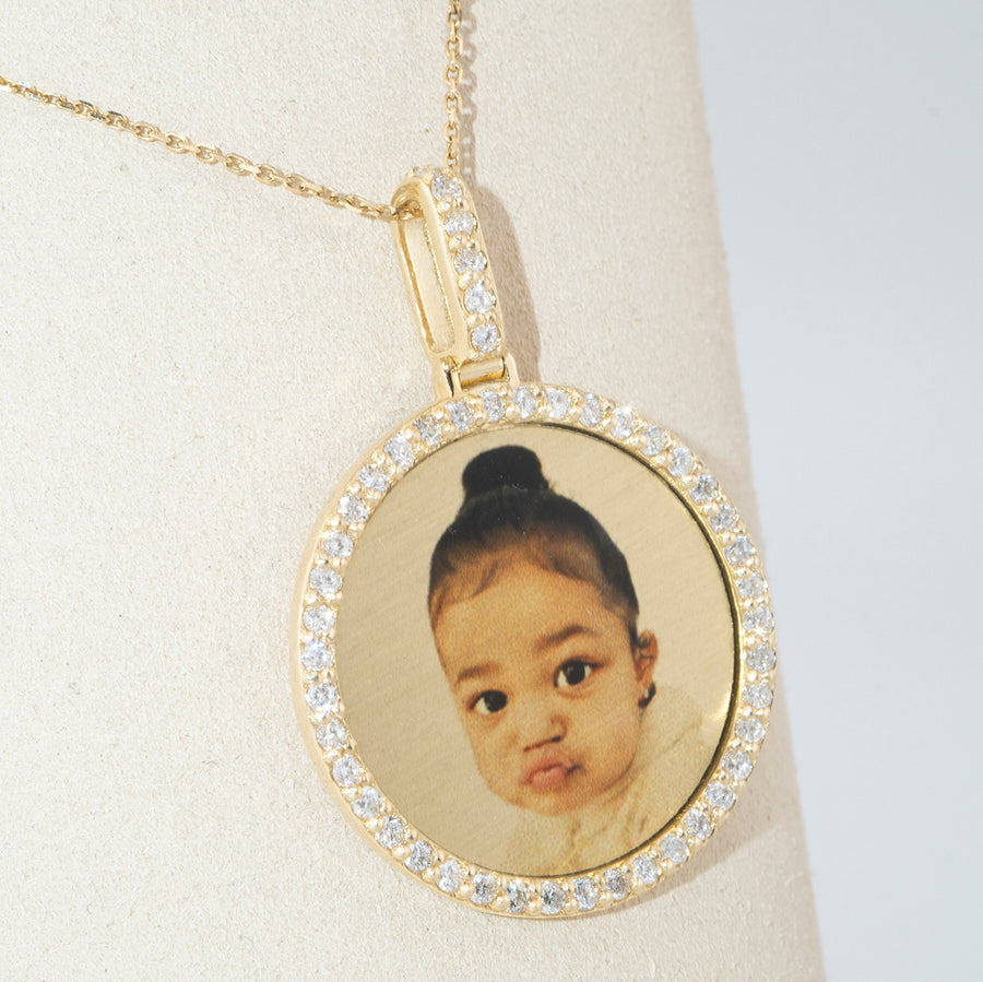 Photo Pendant | 25mm (1-inch) Round with Natural Diamonds or Moissanite • 14K Solid Gold