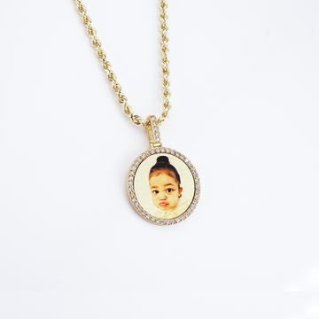 Photo Pendant | 25mm (1-inch) Round with Natural Diamonds or Moissanite • 14K Solid Gold