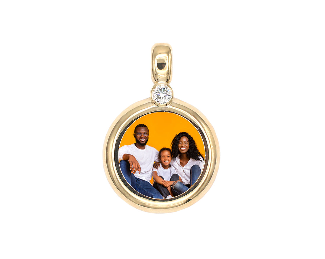 Photo Pendant | Thick Circle Design • Single Natural Diamond (with Color & Size Options) • 14K Solid Gold