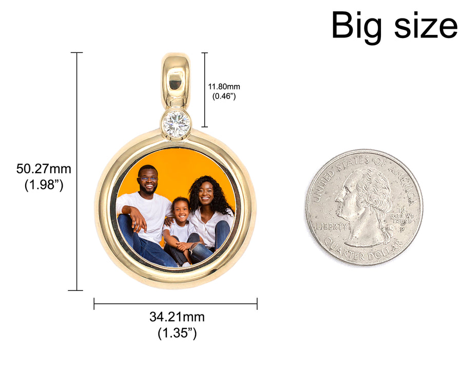 Photo Pendant | Thick Circle Design • Single Natural Diamond (with Color & Size Options) • 14K Solid Gold