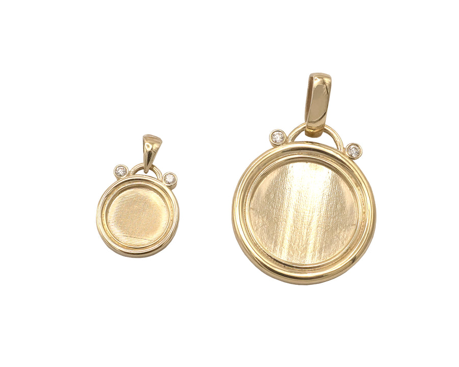 Photo Pendant | Unique Thick Circle Design with Two Natural Diamonds • With Size & Color Options • 14k Solid Gold