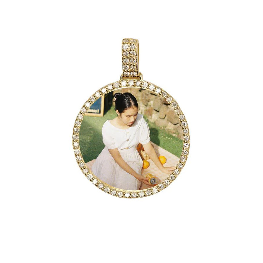 Photo Pendant | 30mm Lightweight 2-Row Bail • Round Design with Diamonds/Black Dia/Moissanite • 14K Solid Gold