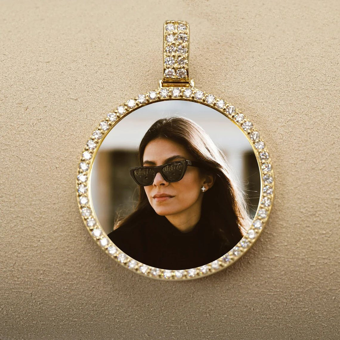 Photo Pendant | 30mm Lightweight 2-Row Bail • Round Design with Diamonds/Black Dia/Moissanite • 14K Solid Gold