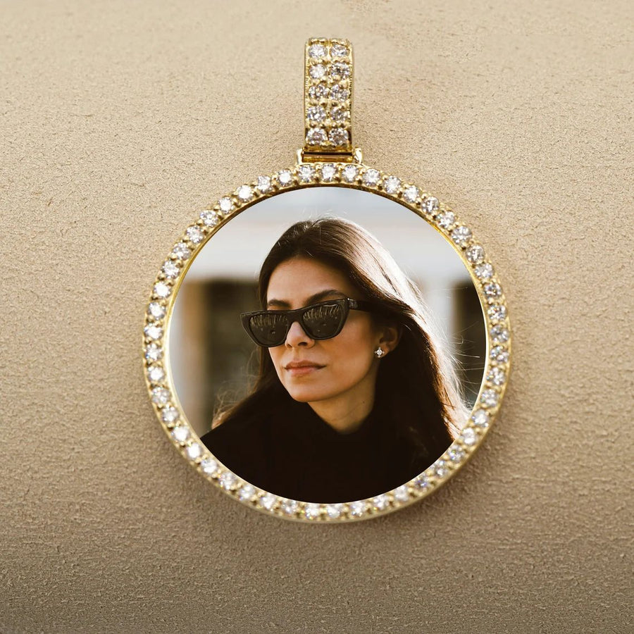 Photo Pendant | 30mm Lightweight 2-Row Bail • Round Design with Diamonds/Black Dia/Moissanite • 14K Solid Gold