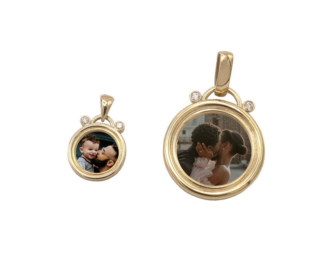 Photo Pendant | Unique Thick Circle Design with Two Natural Diamonds • With Size & Color Options • 14k Solid Gold