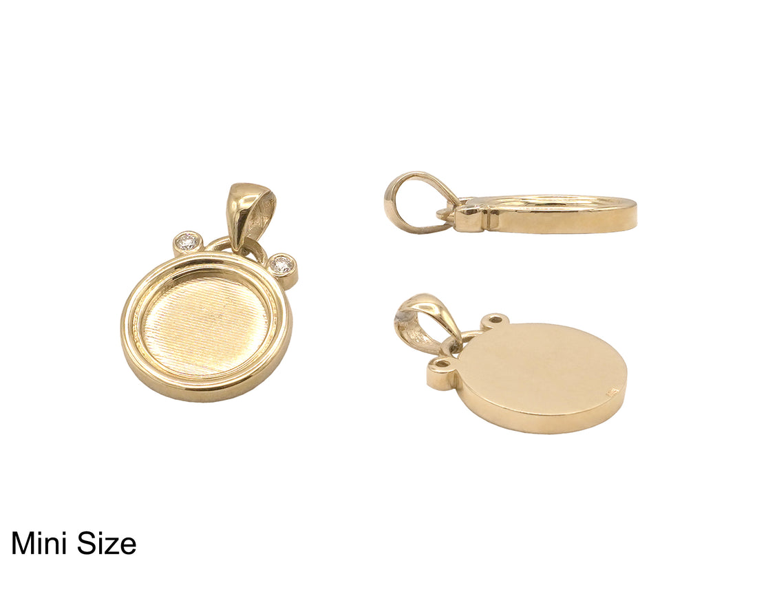 Photo Pendant | Unique Thick Circle Design with Two Natural Diamonds • With Size & Color Options • 14k Solid Gold