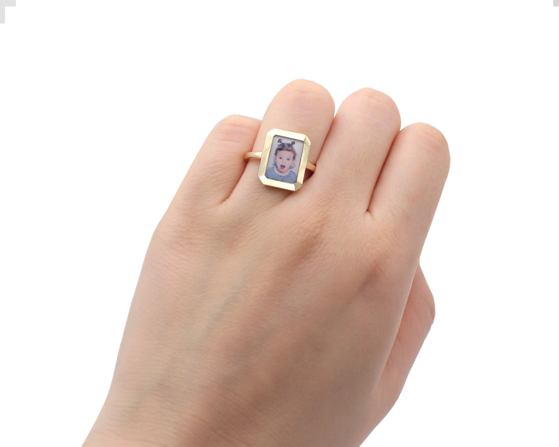 Photo Ring | Simple Rectangular Design • 10K, 14K, 18K, Silver & Color Options