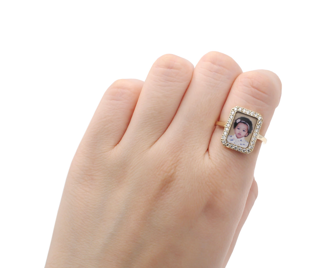 Photo Ring | Rectangular Design with Natural Diamonds • 10K, 14K, 18K & Color Options