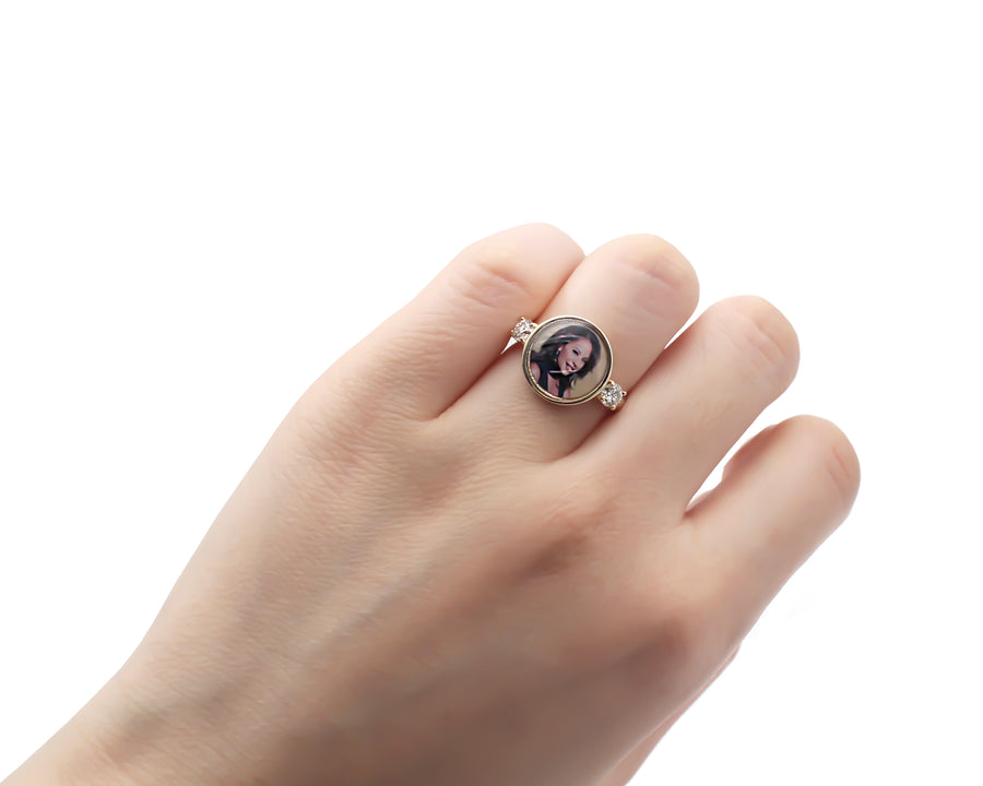 Photo Ring | Round Design with Side Natural Diamonds • 10K, 14K, 18K & Color Options