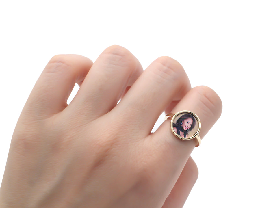 Photo Ring | Simple Round Design • 10K, 14K, 18K, Silver & Color Options