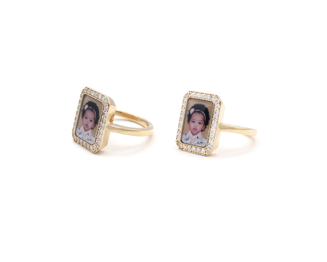 Photo Ring | Rectangular Design with Natural Diamonds • 10K, 14K, 18K & Color Options